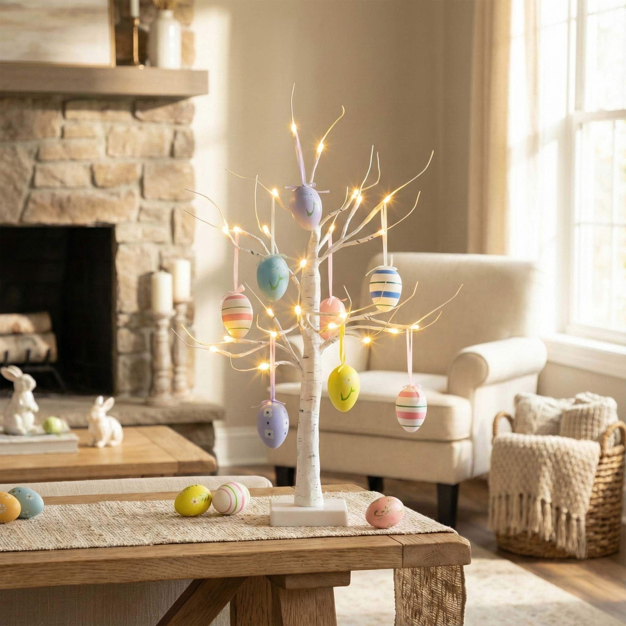 2ft. Pre-Lit Artificial Easter Twig Tree with Egg Ornaments and 24 Warm White LED Lights